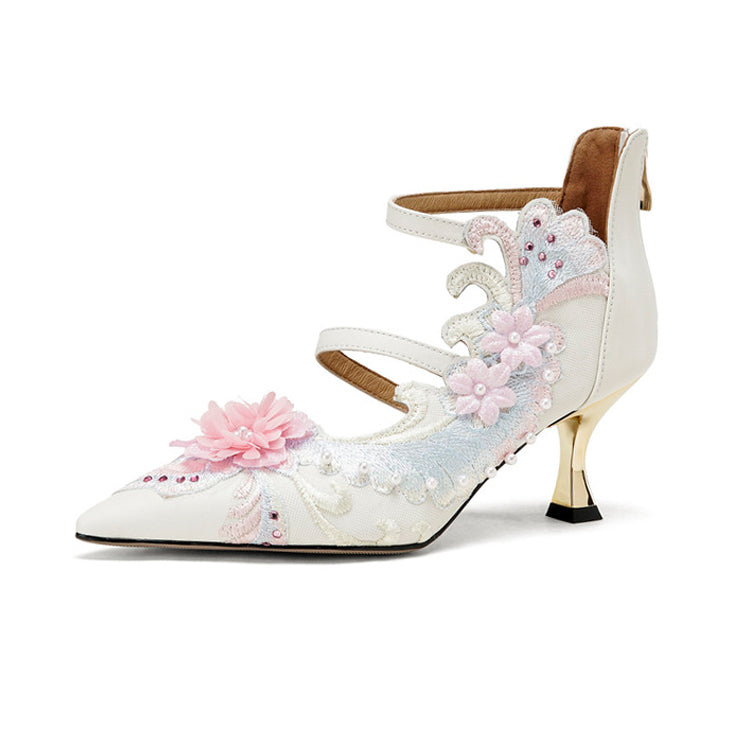 Floral Embroidered Pointed-Toe Kitten Heel Pumps Y2904
