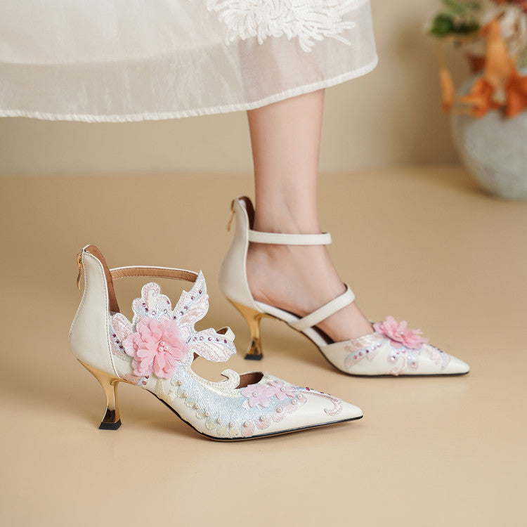 Floral Embroidered Pointed-Toe Kitten Heel Pumps Y2904