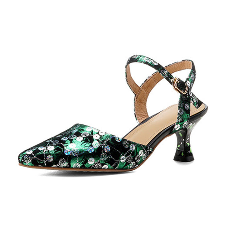 Pointed-Toe Transfer-Printed Sheepskin Kitten Heel Slingbacks Y2902