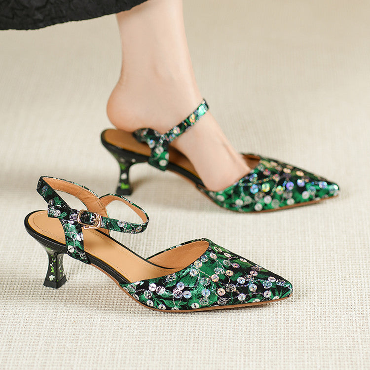 Pointed-Toe Transfer-Printed Sheepskin Kitten Heel Slingbacks Y2902