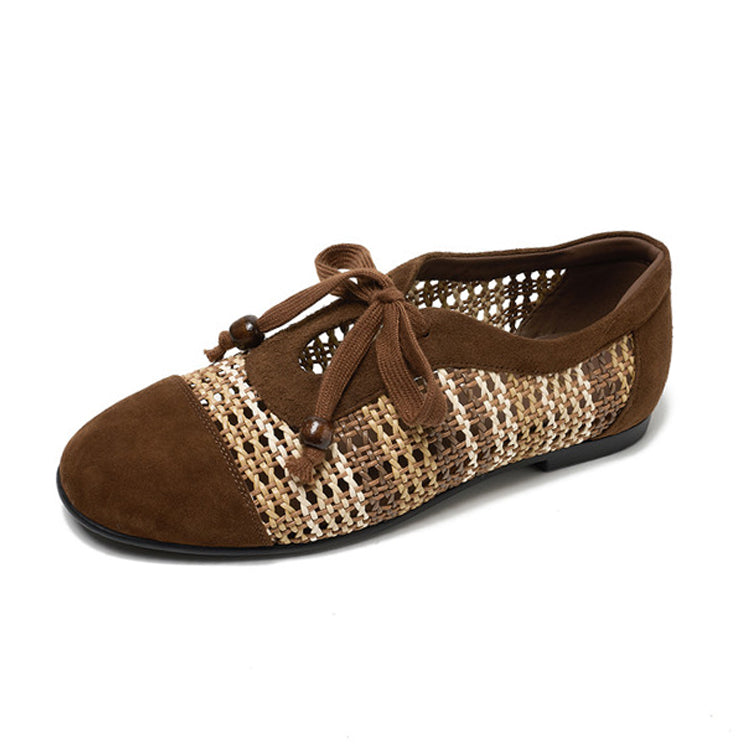 Vintage Woven & Perforated Leather Lace-Up Flats Y2886