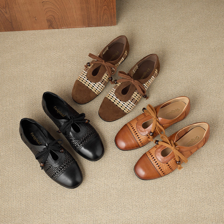 Vintage Woven & Perforated Leather Lace-Up Flats Y2886