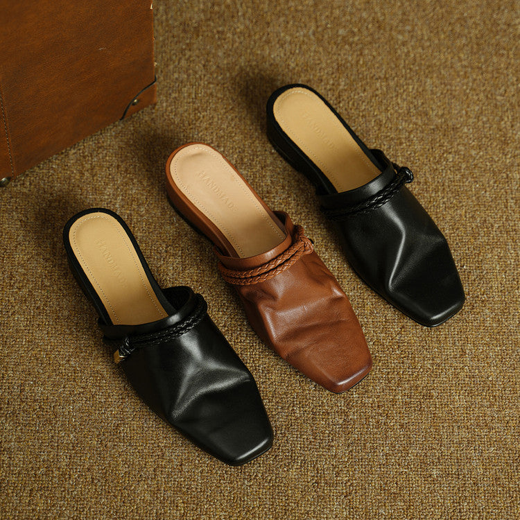 Washed Leather Mules with Braided Strap Detail Y2811