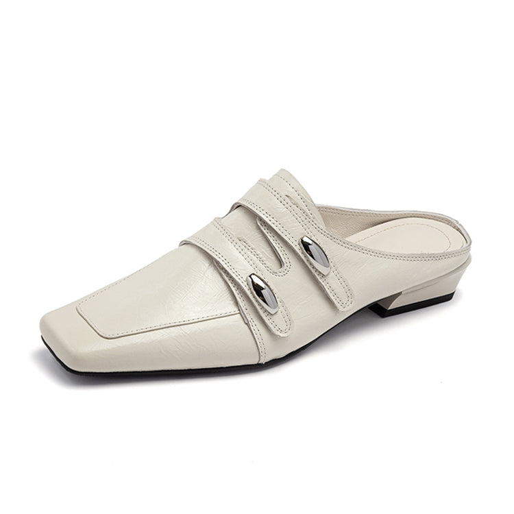 Double Strap Square-Toe Leather Mules Y2823