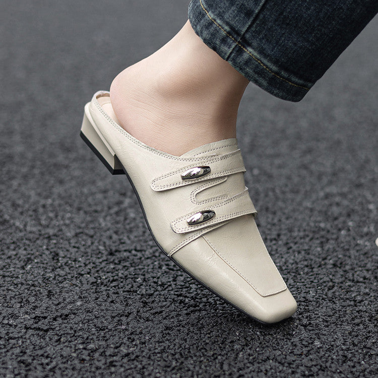Double Strap Square-Toe Leather Mules Y2823
