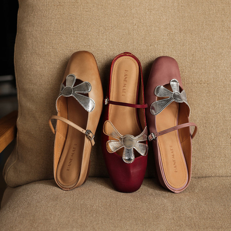 Floral Cutout Leather Mary Jane Mules Y2837
