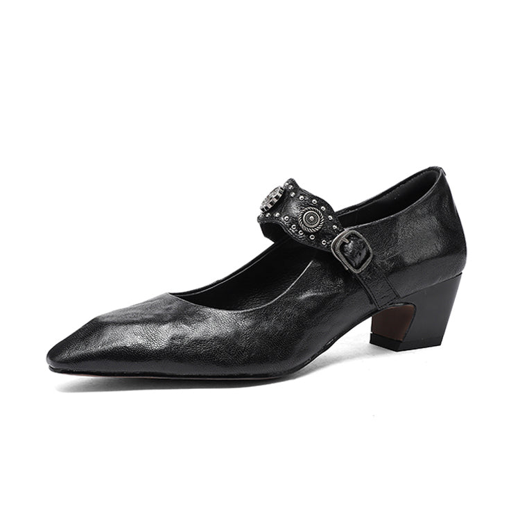 Vintage Washed Leather Block Heel Mary Jane Pumps Y2785