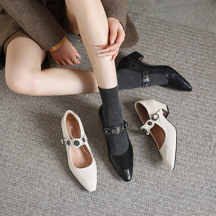 Vintage Washed Leather Block Heel Mary Jane Pumps Y2785