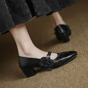 Handcrafted Genuine Leather Mary Jane Block Heels with Floral Detail Y2729 Mary Janes Y2729