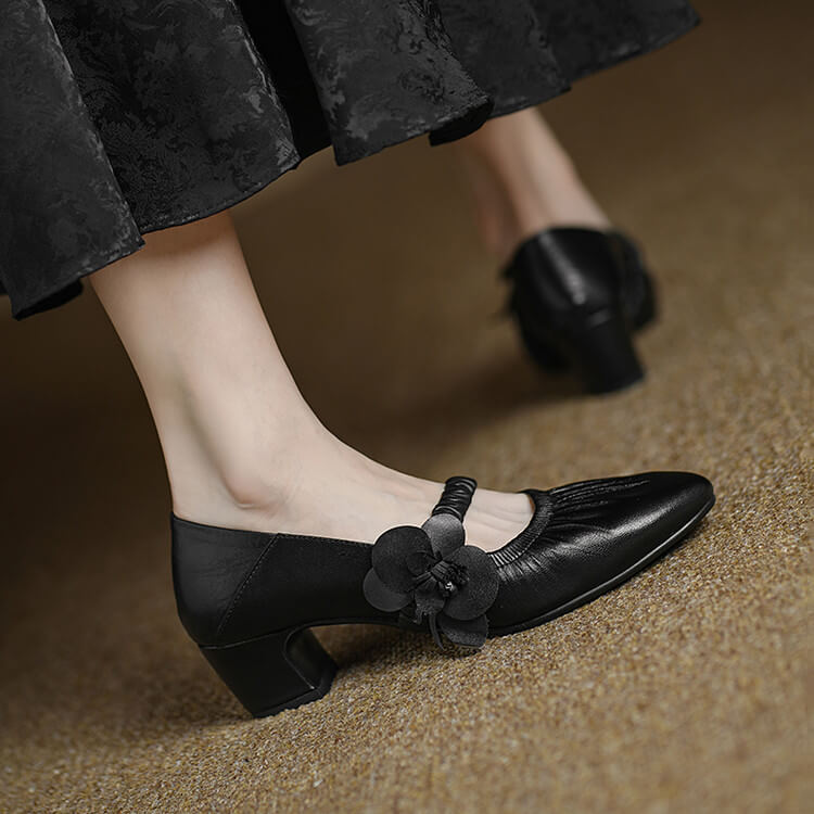 Handcrafted Genuine Leather Mary Jane Block Heels with Floral Detail Y2729 Mary Janes Y2729