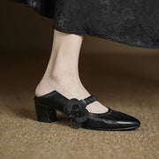 Handcrafted Genuine Leather Mary Jane Block Heels with Floral Detail Y2729 Mary Janes Y2729