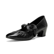 Handcrafted Genuine Leather Mary Jane Block Heels with Floral Detail Y2729 Mary Janes Y2729 Black US5/EU34