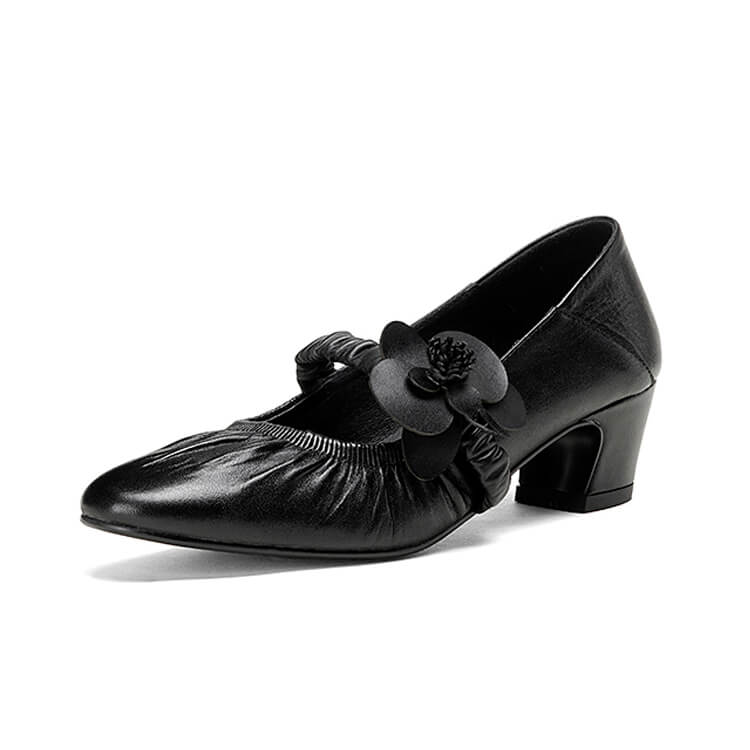 Handcrafted Genuine Leather Mary Jane Block Heels with Floral Detail Y2729 Mary Janes Y2729 Black US5/EU34