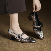 Handcrafted Genuine Leather Mary Jane Block Heels with Floral Detail Y2729 Mary Janes Y2729