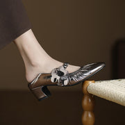 Handcrafted Genuine Leather Mary Jane Block Heels with Floral Detail Y2729 Mary Janes Y2729