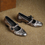 Handcrafted Genuine Leather Mary Jane Block Heels with Floral Detail Y2729 Mary Janes Y2729