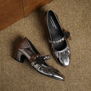 Handcrafted Genuine Leather Mary Jane Block Heels with Floral Detail Y2729 Mary Janes Y2729