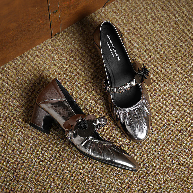 Handcrafted Genuine Leather Mary Jane Block Heels with Floral Detail Y2729 Mary Janes Y2729