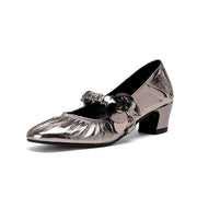 Handcrafted Genuine Leather Mary Jane Block Heels with Floral Detail Y2729 Mary Janes Y2729 Gunmetal US5/EU34