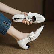 Handcrafted Genuine Leather Mary Jane Block Heels with Floral Detail Y2729 Mary Janes Y2729