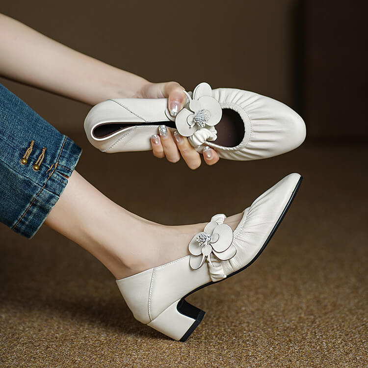 Handcrafted Genuine Leather Mary Jane Block Heels with Floral Detail Y2729 Mary Janes Y2729