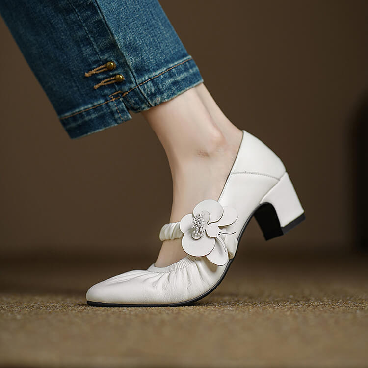 Handcrafted Genuine Leather Mary Jane Block Heels with Floral Detail Y2729 Mary Janes Y2729