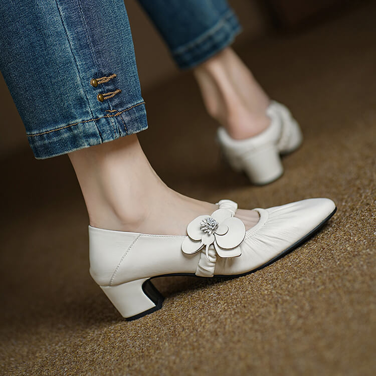 Handcrafted Genuine Leather Mary Jane Block Heels with Floral Detail Y2729 Mary Janes Y2729