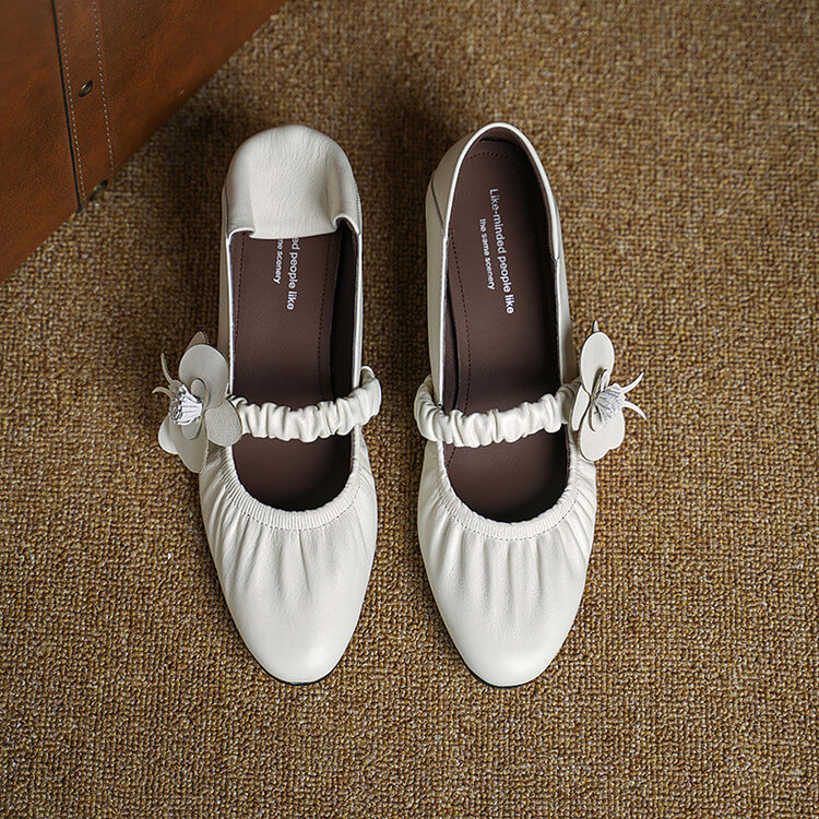 Handcrafted Genuine Leather Mary Jane Block Heels with Floral Detail Y2729 Mary Janes Y2729