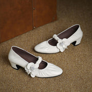 Handcrafted Genuine Leather Mary Jane Block Heels with Floral Detail Y2729 Mary Janes Y2729