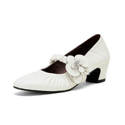 Handcrafted Genuine Leather Mary Jane Block Heels with Floral Detail Y2729 Mary Janes Y2729 White US5/EU34