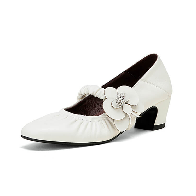 Handcrafted Genuine Leather Mary Jane Block Heels with Floral Detail Y2729 Mary Janes Y2729 White US5/EU34
