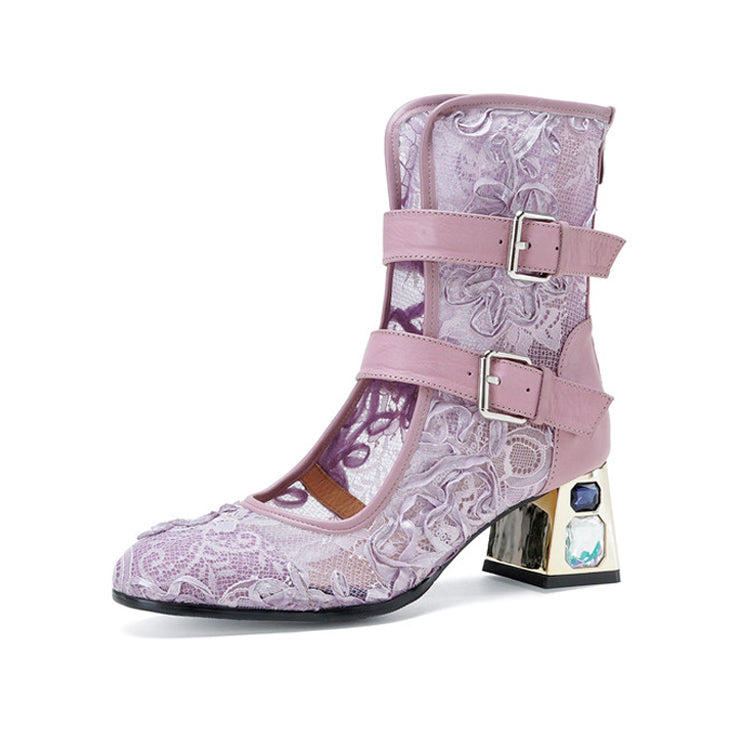 Mesh Chunky Heel Ankle Boots with Double Buckle Straps Y2912