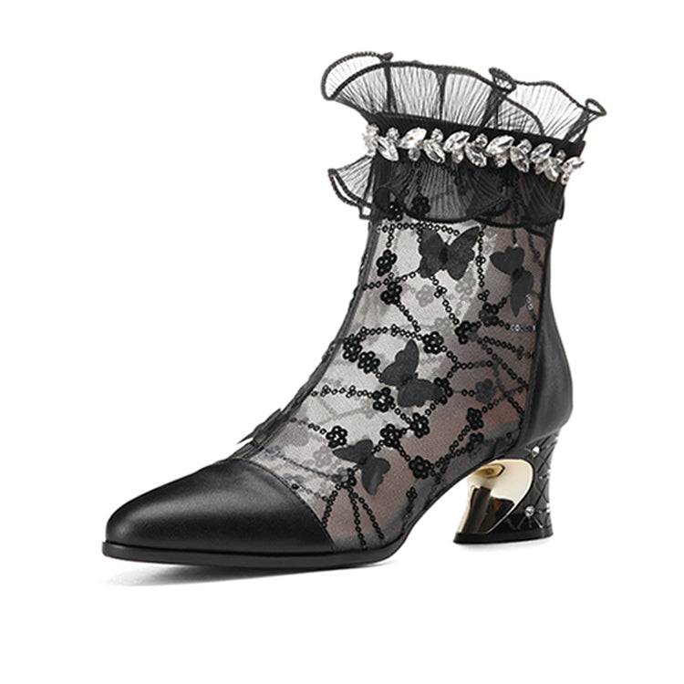 Ruffle-Trim Mesh Ankle Boots with Chunky Heel Y2910
