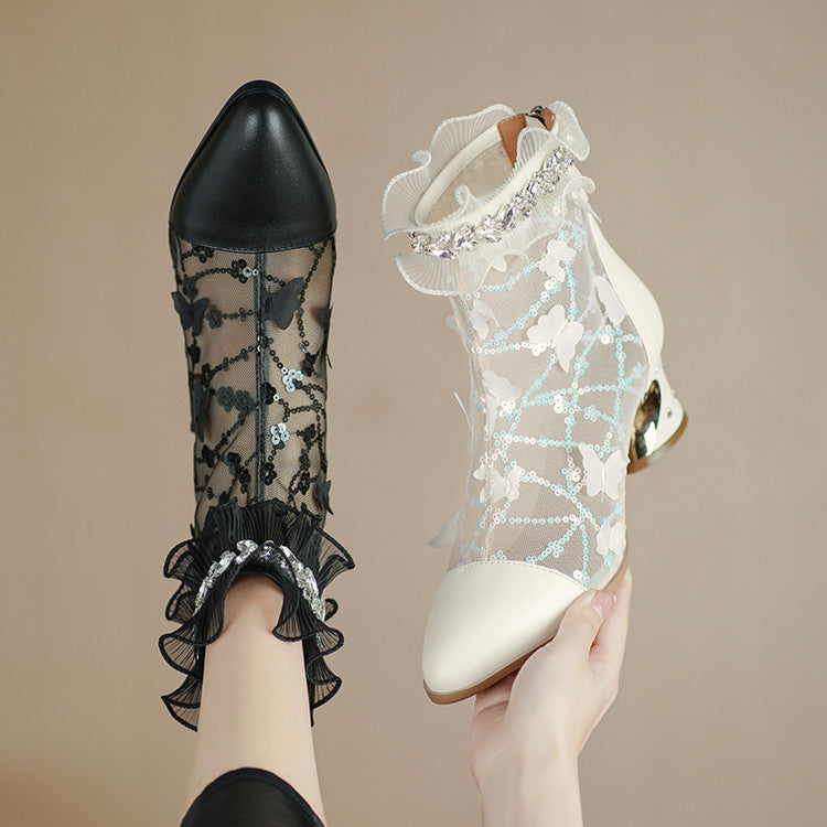 Ruffle-Trim Mesh Ankle Boots with Chunky Heel Y2910