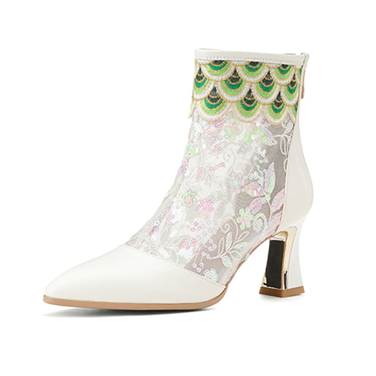 Embroidered Mesh Pointed-Toe Chunky Heel Ankle Boots Y2911