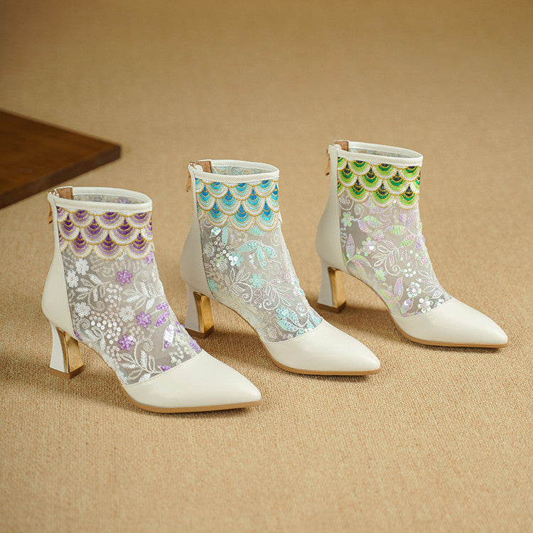 Embroidered Mesh Pointed-Toe Chunky Heel Ankle Boots Y2911