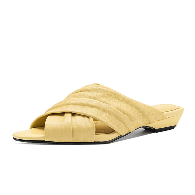 Peep-Toe Sheepskin Leather Flat Mule Sandals Y2797