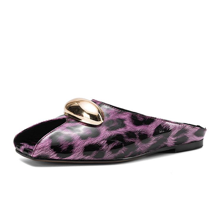 Leopard Print Leather Peep-Toe Flat Mule Sandals Y2798