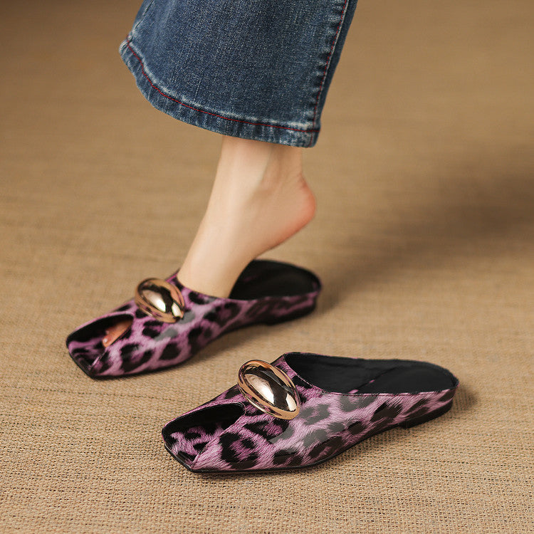 Leopard Print Leather Peep-Toe Flat Mule Sandals Y2798