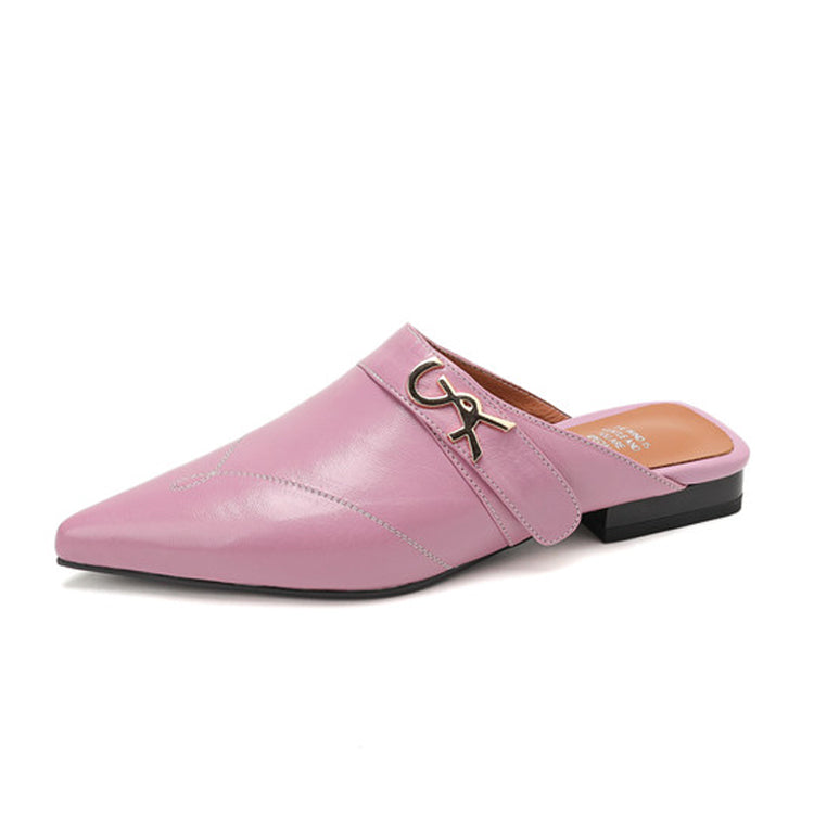 Sheepskin Pointed-Toe Mule Flats with Metal Accent Y2861