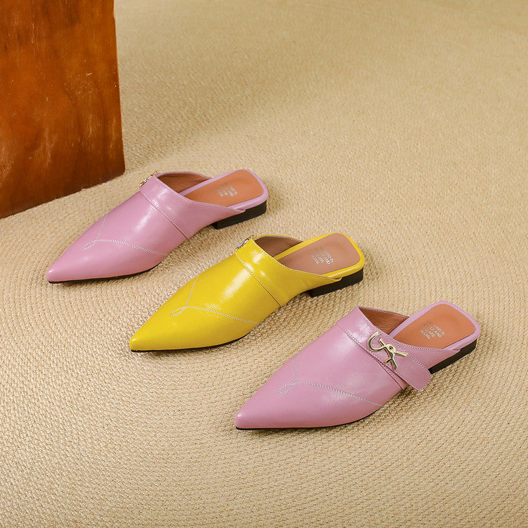 Sheepskin Pointed-Toe Mule Flats with Metal Accent Y2861