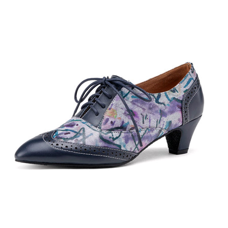Pointed-Toe Low-Heel Printed Sheepskin Lace-ups Y2906