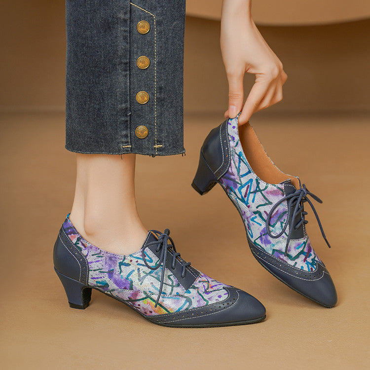 Pointed-Toe Low-Heel Printed Sheepskin Lace-ups Y2906