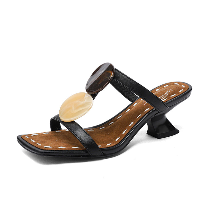 Open-Toe Sculptural Heels Leather Mules Sandals Y2781