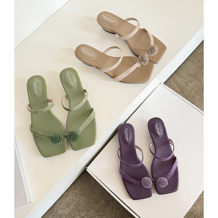 Pom-Pom Suede Slide Sandals with Block Heel Y2868