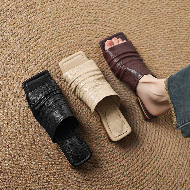 Ruched Lambskin Mule Sandals with Block Heel Y2805