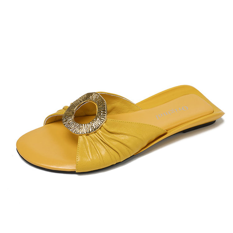 Jewel-Buckle Ruched Sheepskin Slide Sandals Y2880