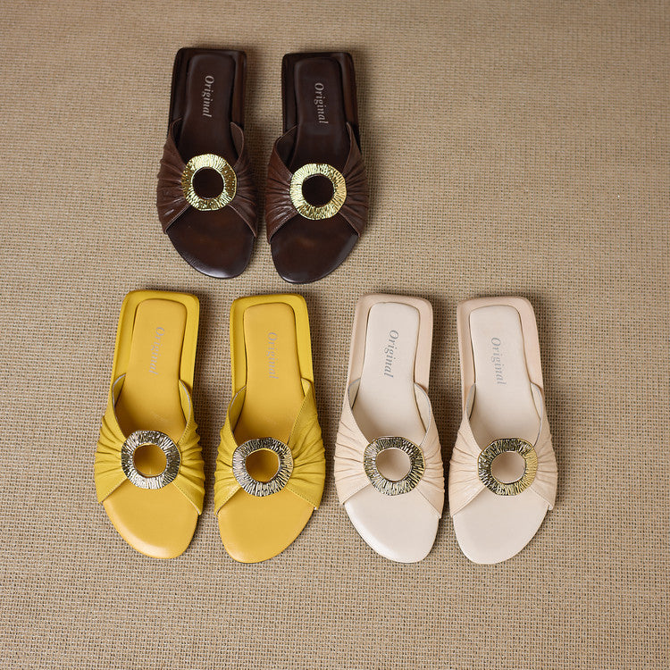 Jewel-Buckle Ruched Sheepskin Slide Sandals Y2880