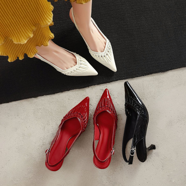 Woven Leather Pointed-toe Kitten Heel Slingbacks Y2774
