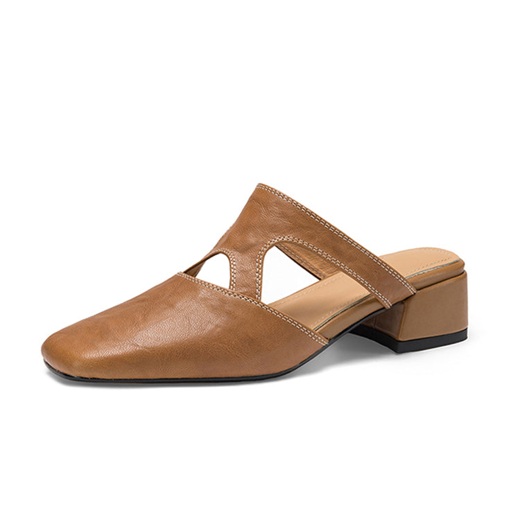 Square-Toe Sheepskin Leather Mules Y2796